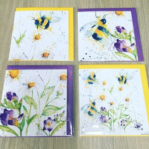 Bijen / bloemen set van vier kaarten originele aquarel ontwerp