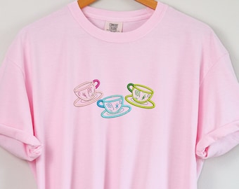 Mad Hatter Tea Party Cups Embroidered T-shirt | Alice in Wonderland Embroidered T-shirt