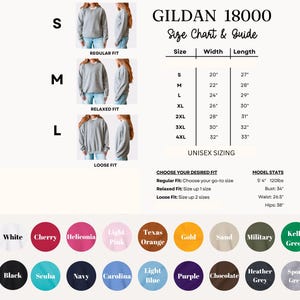 The image displays a size chart and guide for GILDA 1800 sweatshirts, including regular fit, relaxed fit, loose fit, and unisex sizes. It provides size and width information for different shirt styles, such as S, M, L, XL, 2XL, 3XL, and 4XL. The chart also includes color options for each size, including white, cherry, hellekonia, light pink, light orange, gold, sand, military, kellly green, and grey.
