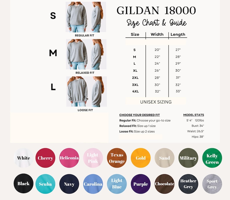 The image displays a size chart and guide for GILDA 1800 sweatshirts, including regular fit, relaxed fit, loose fit, and unisex sizes. It provides size and width information for different shirt styles, such as S, M, L, XL, 2XL, 3XL, and 4XL. The chart also includes color options for each size, including white, cherry, hellekonia, light pink, light orange, gold, sand, military, kellly green, and grey.