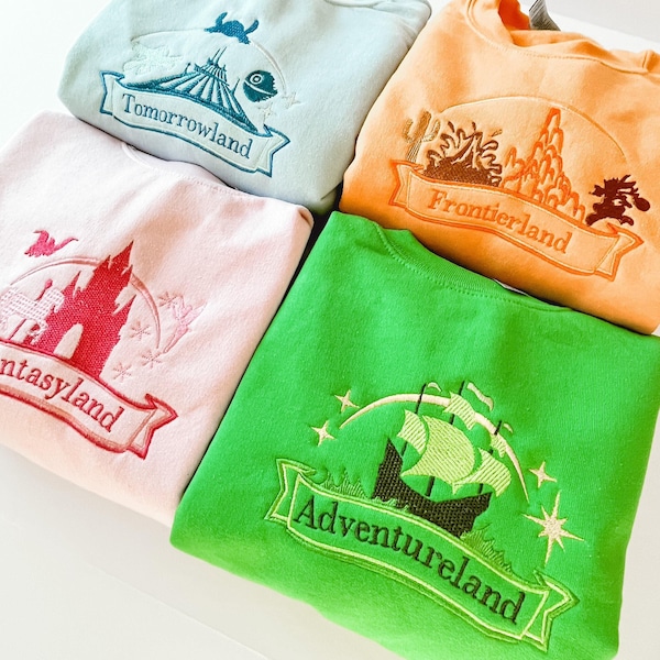 Disney The Lands embroidered crewneck, Tomorrowland, Frontierland, Adventureland, Fantasyland, Disney Parks, Magic Kingdom