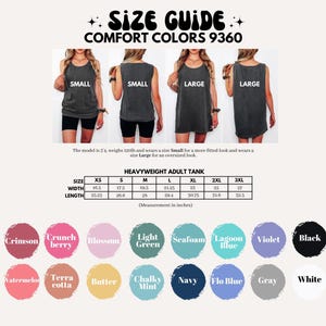 The image displays a size guide for comfort colors 9360, featuring four different tank tops in various sizes and colors, along with a table providing the corresponding adult tank sizes and corresponding colors.