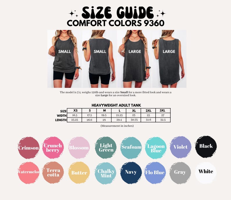 The image displays a size guide for comfort colors 9360, featuring four different tank tops in various sizes and colors, along with a table providing the corresponding adult tank sizes and corresponding colors.