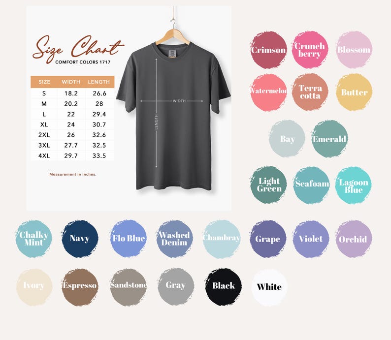 The image is a size chart for a gray t-shirt, with a hanging t-shirt and various color swatches displayed alongside the chart.