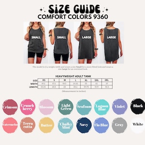 The image displays a size guide for comfort colors 9360, featuring four different tank tops in various sizes and colors, along with a table providing the corresponding adult tank sizes and corresponding colors.