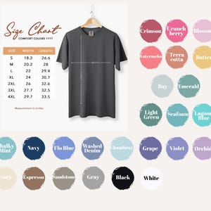 The image is a size chart for a gray t-shirt, with a hanging t-shirt and various color swatches displayed alongside the chart.