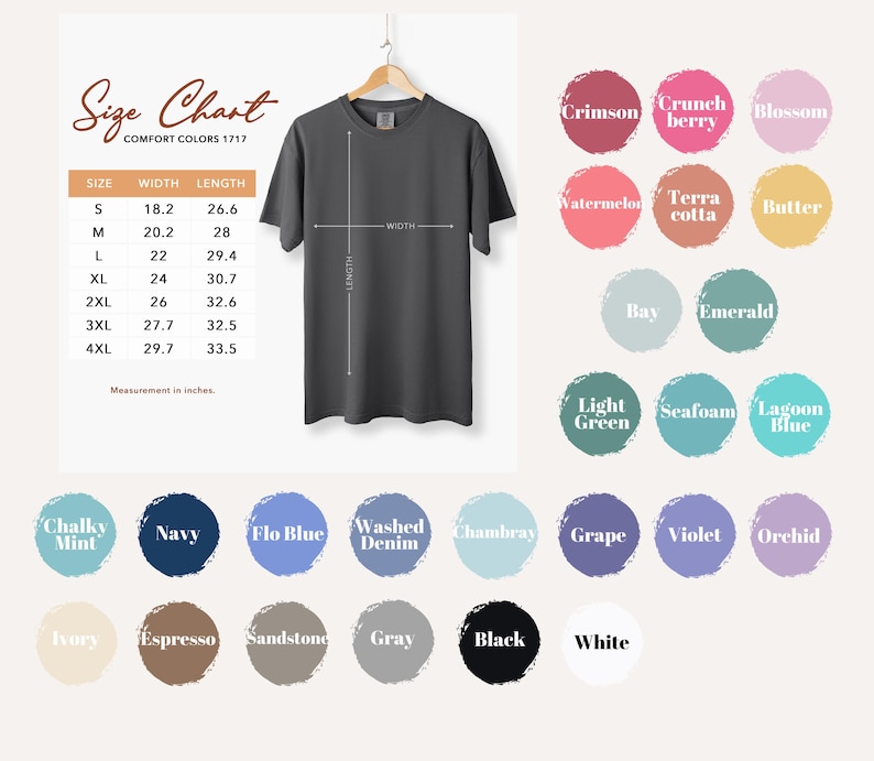 The image is a size chart for a gray t-shirt, with a hanging t-shirt and various color swatches displayed alongside the chart.