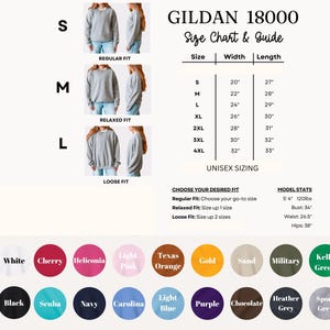 The image displays a size chart and guide for GILDA 1800 sweatshirts, including regular fit, relaxed fit, loose fit, and unisex sizes. It provides size and width information for different shirt styles, such as S, M, L, XL, 2XL, 3XL, and 4XL. The chart also includes color options for each size, including white, cherry, hellekonia, light pink, light orange, gold, sand, military, kellly green, and grey.