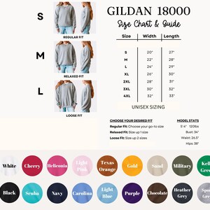 The image displays a size chart and guide for GILDA 1800 sweatshirts, including regular fit, relaxed fit, loose fit, and unisex sizes. It provides size and width information for different shirt styles, such as S, M, L, XL, 2XL, 3XL, and 4XL. The chart also includes color options for each size, including white, cherry, hellekonia, light pink, light orange, gold, sand, military, kellly green, and grey.