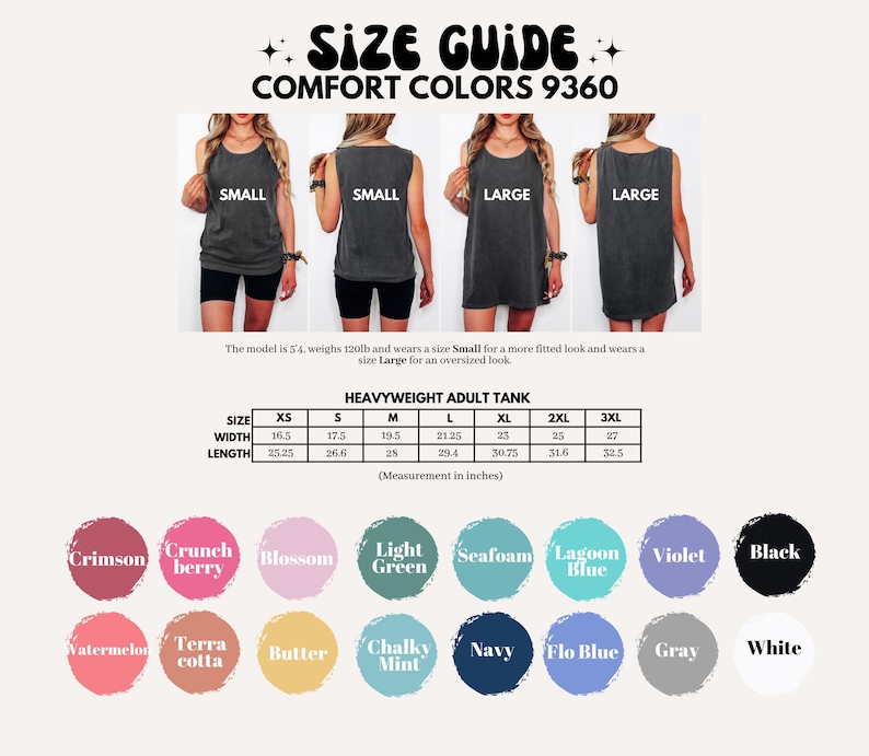 The image is a size guide for comfort colors 9360, featuring four different sizes of gray tank tops and a table with color swatches and corresponding measurements.