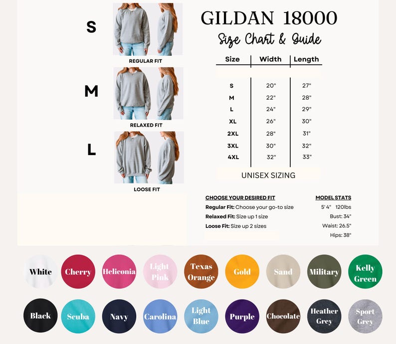 The image displays a size chart and guide for GILDA 1800 sweatshirts, including regular fit, relaxed fit, loose fit, and unisex sizes. It provides size and width information for different shirt styles, such as S, M, L, XL, 2XL, 3XL, and 4XL. The chart also includes color options for each size, including white, cherry, hellekonia, light pink, light orange, gold, sand, military, kellly green, and grey.
