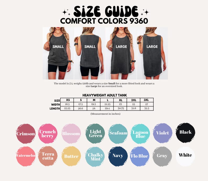 The image is a size guide for comfort colors 9360, featuring four different sizes of gray tank tops and a table with color swatches and corresponding measurements.