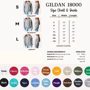 The image is a size chart and guide for GILDA 1800 clothing, featuring various styles and sizes of sweatshirts and sweatshirts with different colors and patterns.