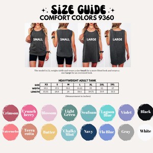 The image is a size guide for comfort colors 9360, featuring four different sizes of gray tank tops and a table with color swatches and corresponding measurements.