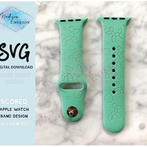 May include: A pair of mint green Apple Watch bands with a balloon dog design. The bands are scored for easy customization.