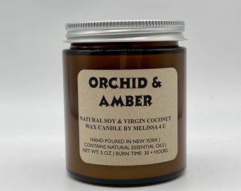 Orchid & Black Amber Scented Soy Candle | Handmade Soy Wax Candle | Orchid Candles | Wood Wick Candle