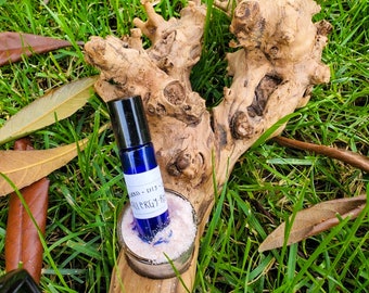 May include: A blue glass essential oil roller bottle with a black cap, labeled "Allergy-Roller", rests on a bed of pink salt. The bottle is set on a piece of driftwood against a backdrop of green grass and fallen leaves.