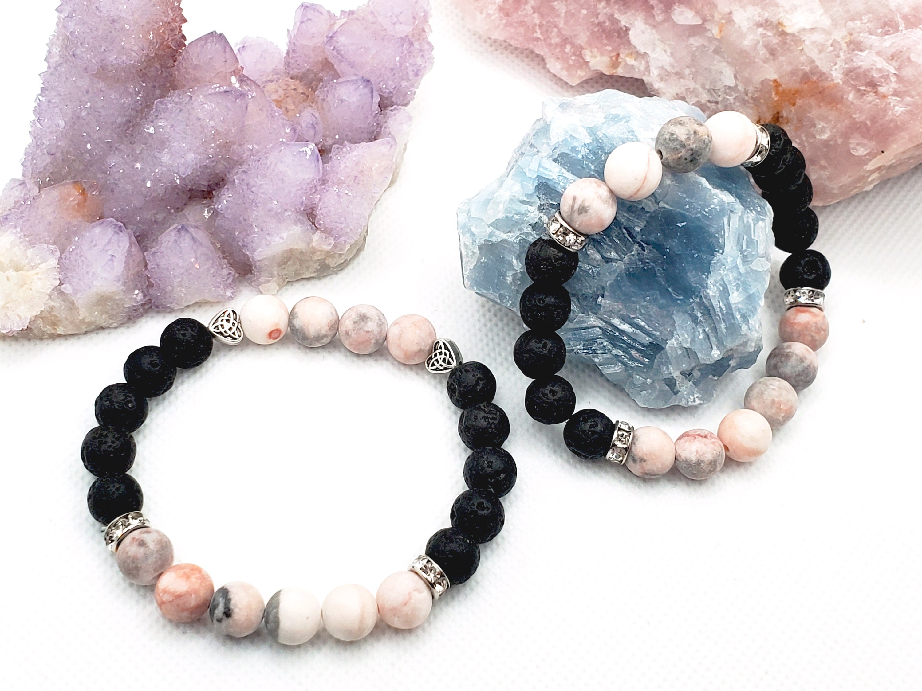 Pink Zebra Jasper & Lava Stone Mala Bracelet, Crystal  Mahogany Obsidian, Dalmatian Jasper, Pink Zebra, Lepidolite Mala ID Bracelet main image 0