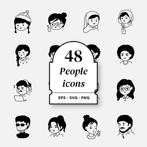 May include: A collection of 48 black and white people icons, each depicting a different person with various hairstyles, accessories, and expressions. The image includes text that reads "48 People icons" with file type indicators.