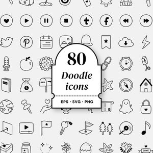 80 zwart-wit doodle iconen, hand getrokken doodle collectie, pentekening, schetsmatige objecten, presentaties, SVG EPS PNG