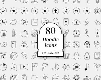 80 handgetekende doodle-pictogrammen: SVG, EPS, PNG (digitale download)