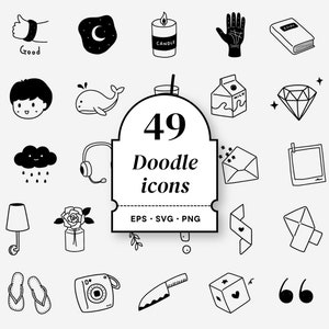 49 zwart-wit doodle iconen, hand getrokken doodle collectie, pentekening, schetsmatige objecten, presentaties, SVG EPS PNG