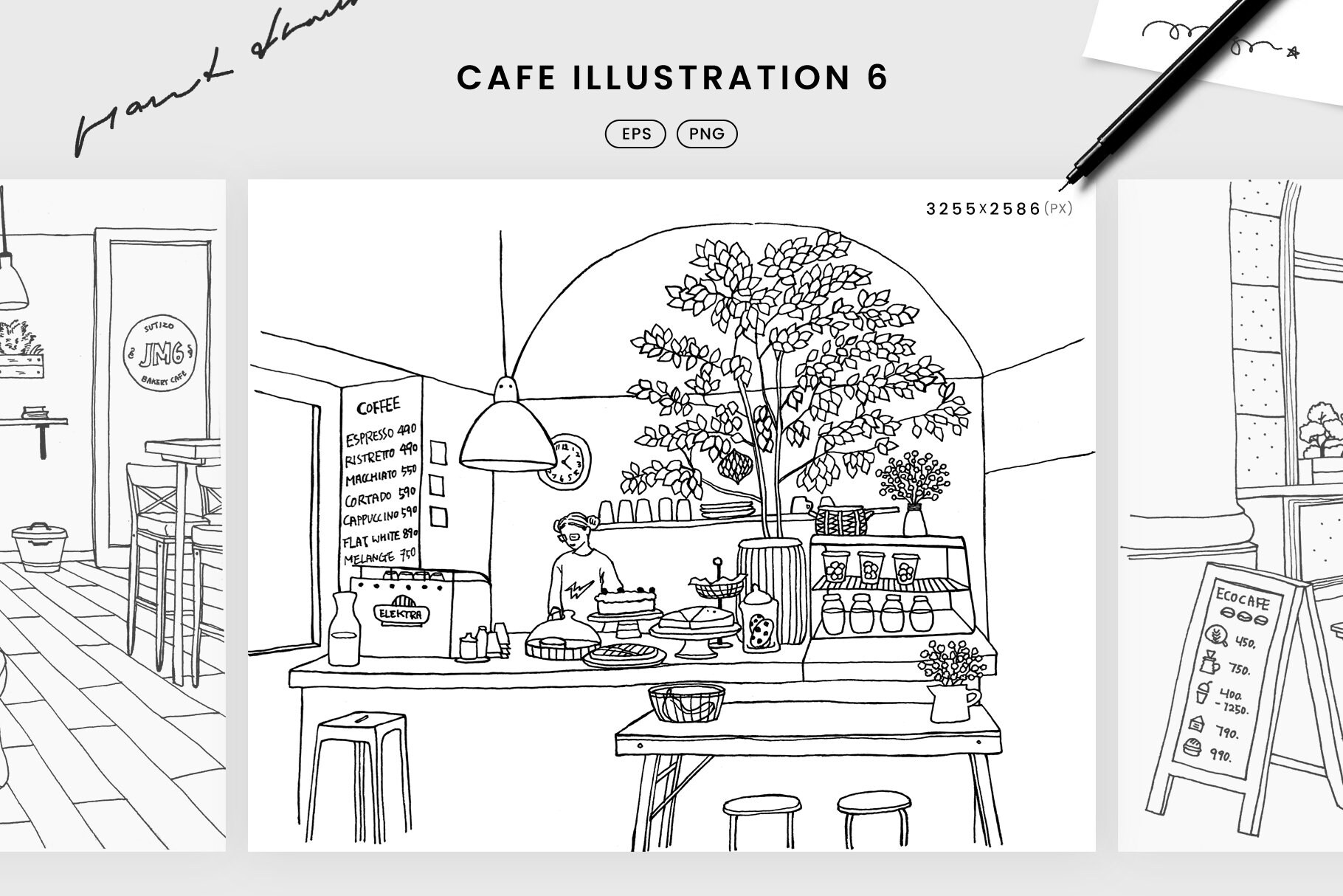 Hand Drawn Cafe illustrations line art drawing sketch doodle Etsy