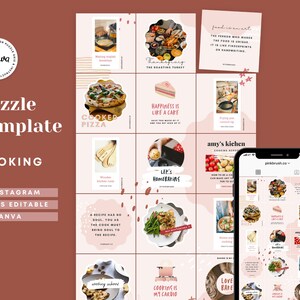 Modello puzzle Instagram per cucinare, modelli Canva, cibo, ricette, layout puzzle, puzzle Canva, feed Instagram, post sulla griglia puzzle