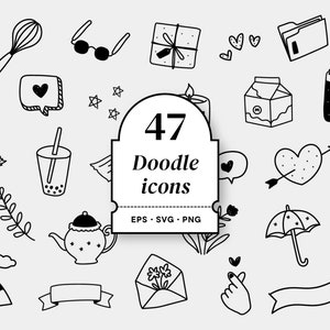 47 icone doodle in bianco e nero, collezione di doodle disegnati a mano, disegno a penna, oggetti abbozzati, presentazioni, SVG EPS PNG