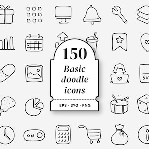 150 ícones de doodle preto e branco, coleção de doodle desenhado à mão, desenho de caneta, objetos esboçados, apresentações, SVG EPS png