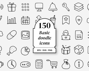 150 handgetekende doodle-pictogrammen: SVG, EPS, PNG (digitale download)