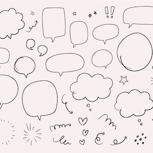 May include: A collection of hand-drawn speech bubbles, stars, hearts, arrows, and other decorative elements. These black and white illustrations can be used for scrapbooking, card making, or other creative projects.
