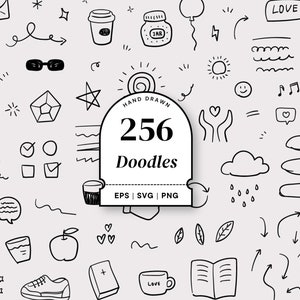 May include: A collection of 256 hand-drawn doodles, including stars, hearts, clouds, arrows, and more. The doodles are in black and white and are perfect for adding a touch of whimsy to any project.