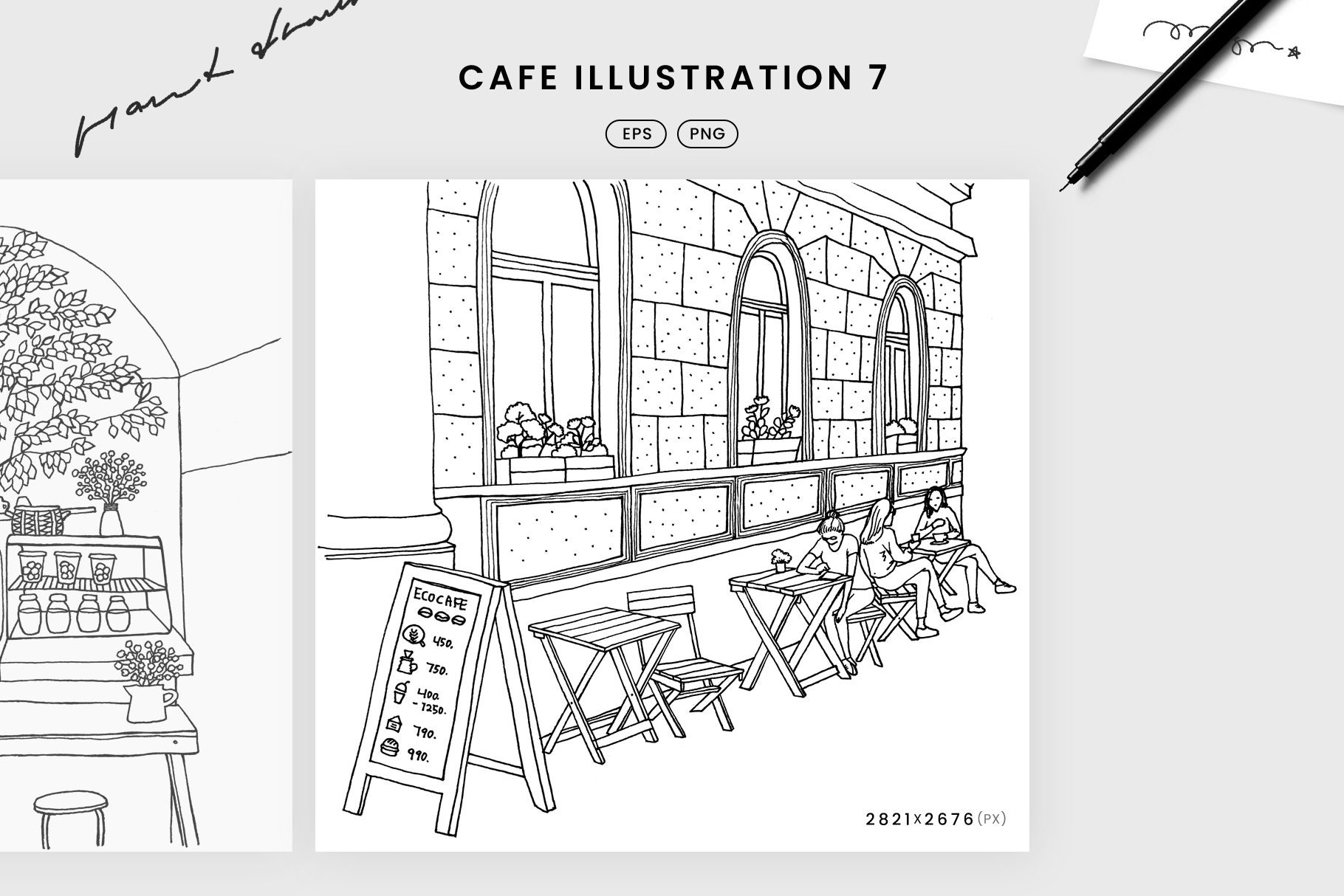 Hand Drawn Cafe illustrations line art drawing sketch doodle Etsy