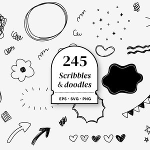 Puede incluir: Un conjunto de 245 garabatos y doodles en blanco y negro, que incluyen estrellas, corazones, remolinos, flechas y flores. El texto "245 Scribbles & doodles" está en un rectángulo blanco con borde negro.