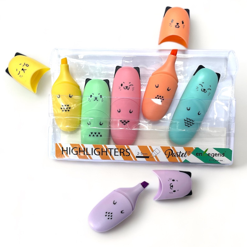 May include: Set of six pastel colored highlighters with cute cat faces. The highlighters are in a clear plastic package with the words "HIGHLIGHTERS" and "Pastel" printed on the front. The highlighters are 2.5mm wide.