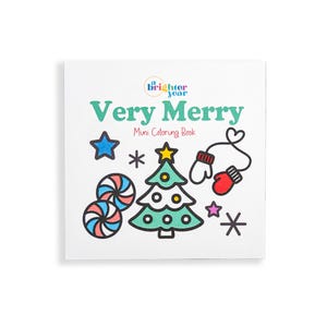 May include: A square mini coloring book with a white cover featuring the text "a brighter year" and "Very Merry Mini Coloring Book" in colorful letters. The cover displays illustrations of a Christmas tree, peppermint candies, mittens, and stars.