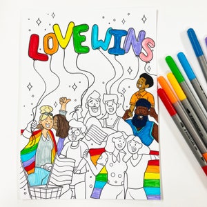 May include: A coloring page with the words "LOVE WINS" in rainbow colored letters. The page features a group of diverse people holding rainbow flags and smiling.