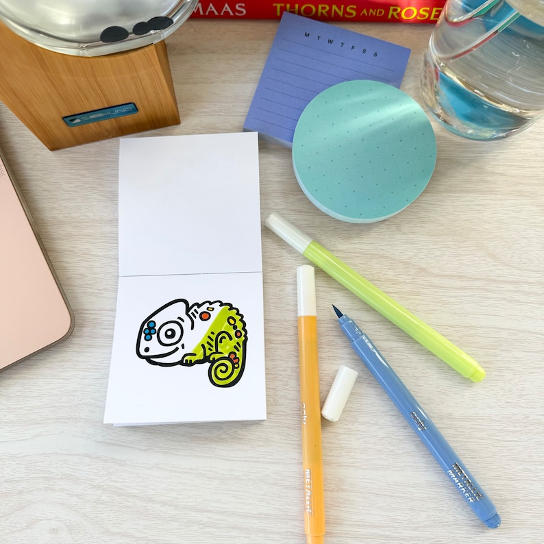 Op de afbeelding: Een klein wit notitieboekje met een cartoon-kameleonillustratie op de voorkant. De kameleon is groen, geel, blauw en rood. Er liggen drie stiften op tafel: een gele stift, een blauwe stift en een oranje stift.
