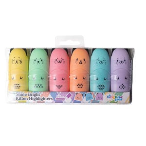 May include: A set of six Shine Bright Kitten highlighters in yellow, green, pink, orange, blue, and purple. Each highlighter features a kitten face and a 2-5mm tip. The packaging displays the text Shine Bright Kitten Highlighters and Brighter Year.