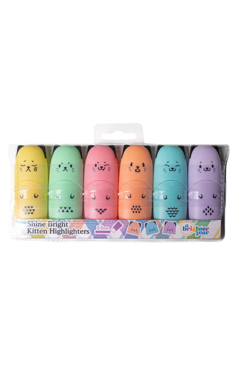 May include: A set of six Shine Bright Kitten highlighters in yellow, green, pink, orange, blue, and purple. Each highlighter features a kitten face and a 2-5mm tip. The packaging displays the text Shine Bright Kitten Highlighters and Brighter Year.