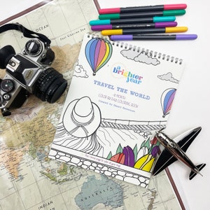 Travel The World 12 month coloring book, coloring pages for adults, coloring books for adults, coloring calendar, A Brighter Year on Etsy