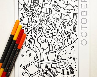 Digital Download - October - Coloring Calendar, October Coloring Page, Fall Coloring Page, A Brighter Year