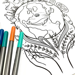 May include: A black and white line drawing of a globe surrounded by hands and plants. The globe has a whale swimming in the ocean. The word "ECO" is in a speech bubble.