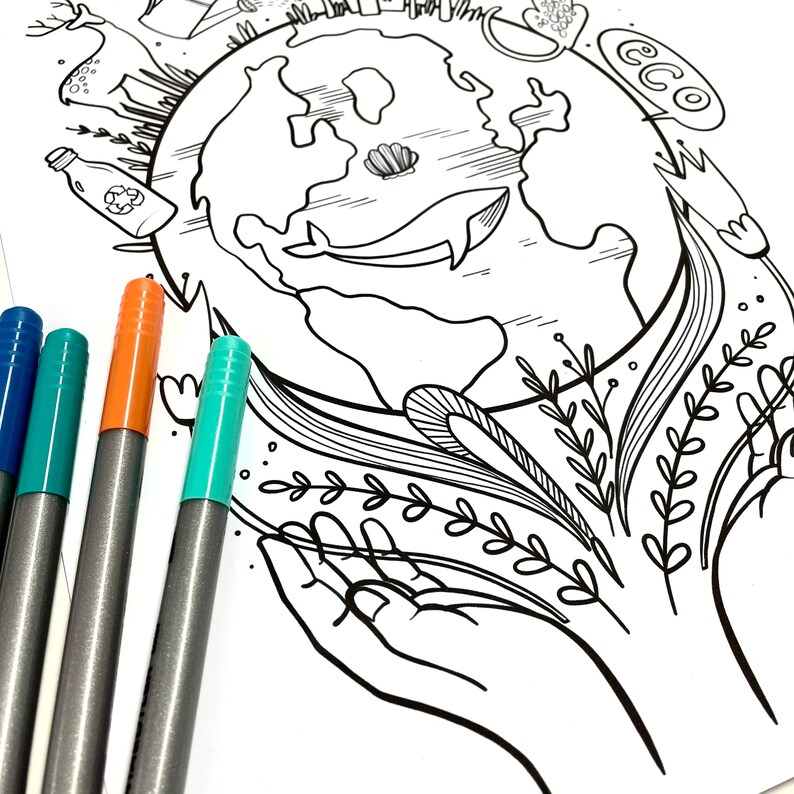 May include: A black and white line drawing of a globe surrounded by hands and plants. The globe has a whale swimming in the ocean. The word "ECO" is in a speech bubble.