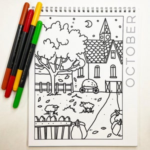 May include: A black and white connect-the-dots coloring page featuring a farmhouse with a hay bale, a tree, two sheep, and pumpkins. The page is titled "OCTOBER".