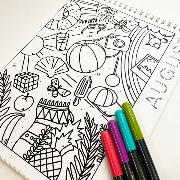 Digital Download - August - Coloring Calendar, August Coloring Page, Summer Coloring Page, A Brighter Year