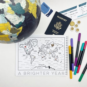 Téléchargement numérique - Calendrier annuel de coloriage de carte, Page de coloriage de voyage, Page de coloriage éducative, Une année plus lumineuse