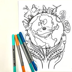 May include: Black and white line art coloring page featuring a globe surrounded by various eco-friendly symbols, including a deer, a watering can, a tree, a wind turbine, a recycling bottle, a whale, and flowers. The globe is held in two hands with the word "eco" written in a circle.