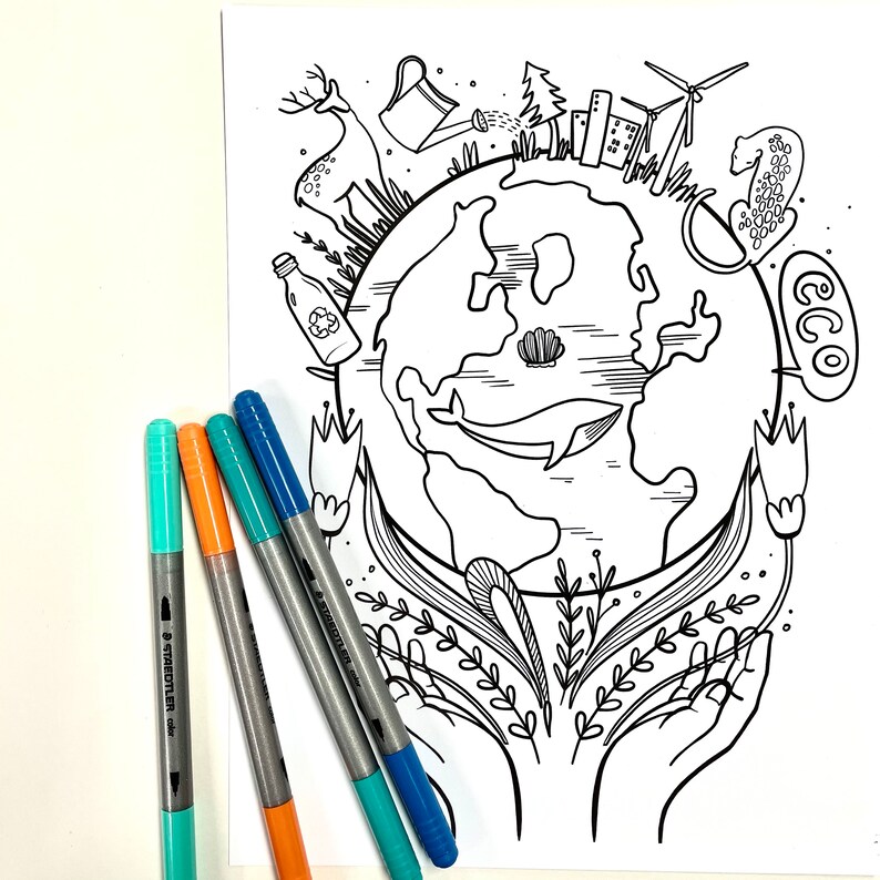 May include: Black and white line art coloring page featuring a globe surrounded by various eco-friendly symbols, including a deer, a watering can, a tree, a wind turbine, a recycling bottle, a whale, and flowers. The globe is held in two hands with the word "eco" written in a circle.
